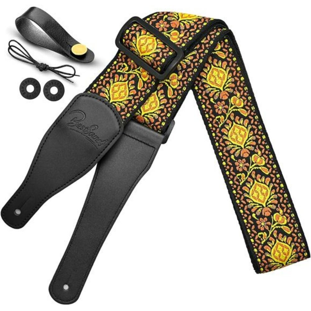 Embroidered Guitar Strap Cotton Leather Ends Adjustable for Bass Electric